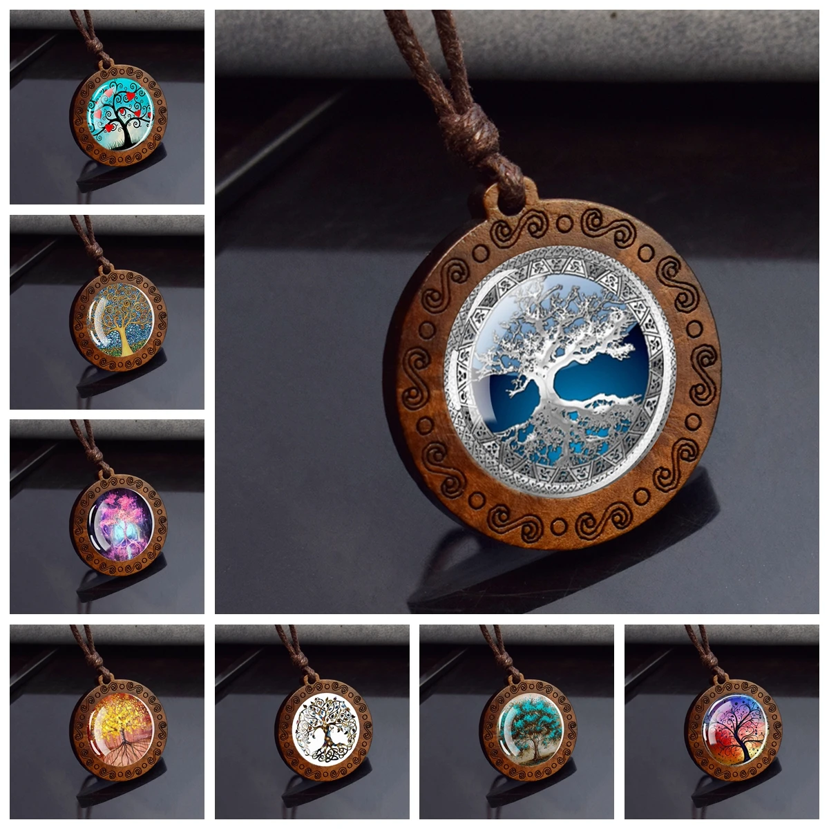 Tree of Life Glass Cabochon Necklace Wooden Necklace Vintage Rope Chain Women Men Pendant Necklace Life Tree Jewelry