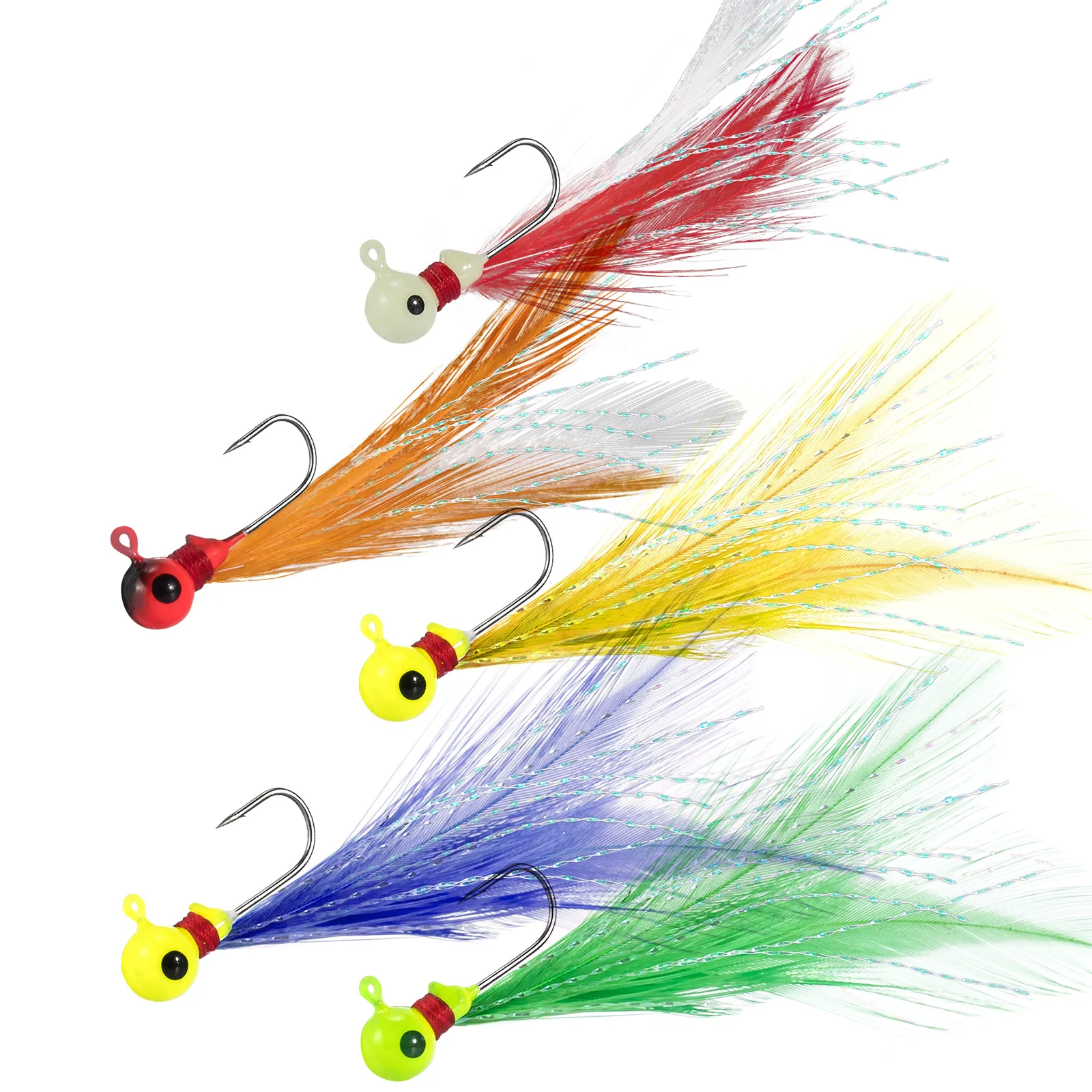 

10pcs Crappie Jig Head Hook with Feather Round Ball Jig Fishing Lure for Trout Walleye Panfish Freshwater 1.75g-5g