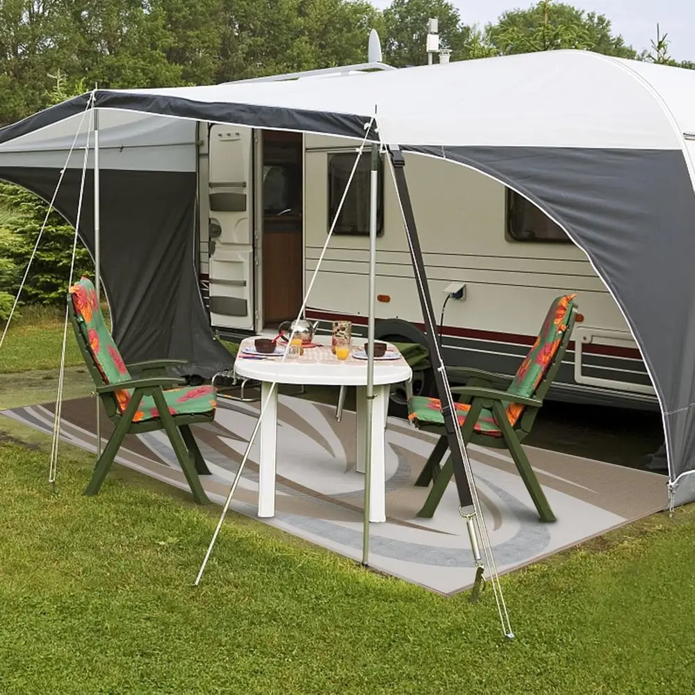 9' x 18' Heavy-Duty Reversible Outdoor Patio/RV Mat - Ideal for RV Travel (9ft x 18ft Brown) with Storage Bag & 6 Stakes & Washe