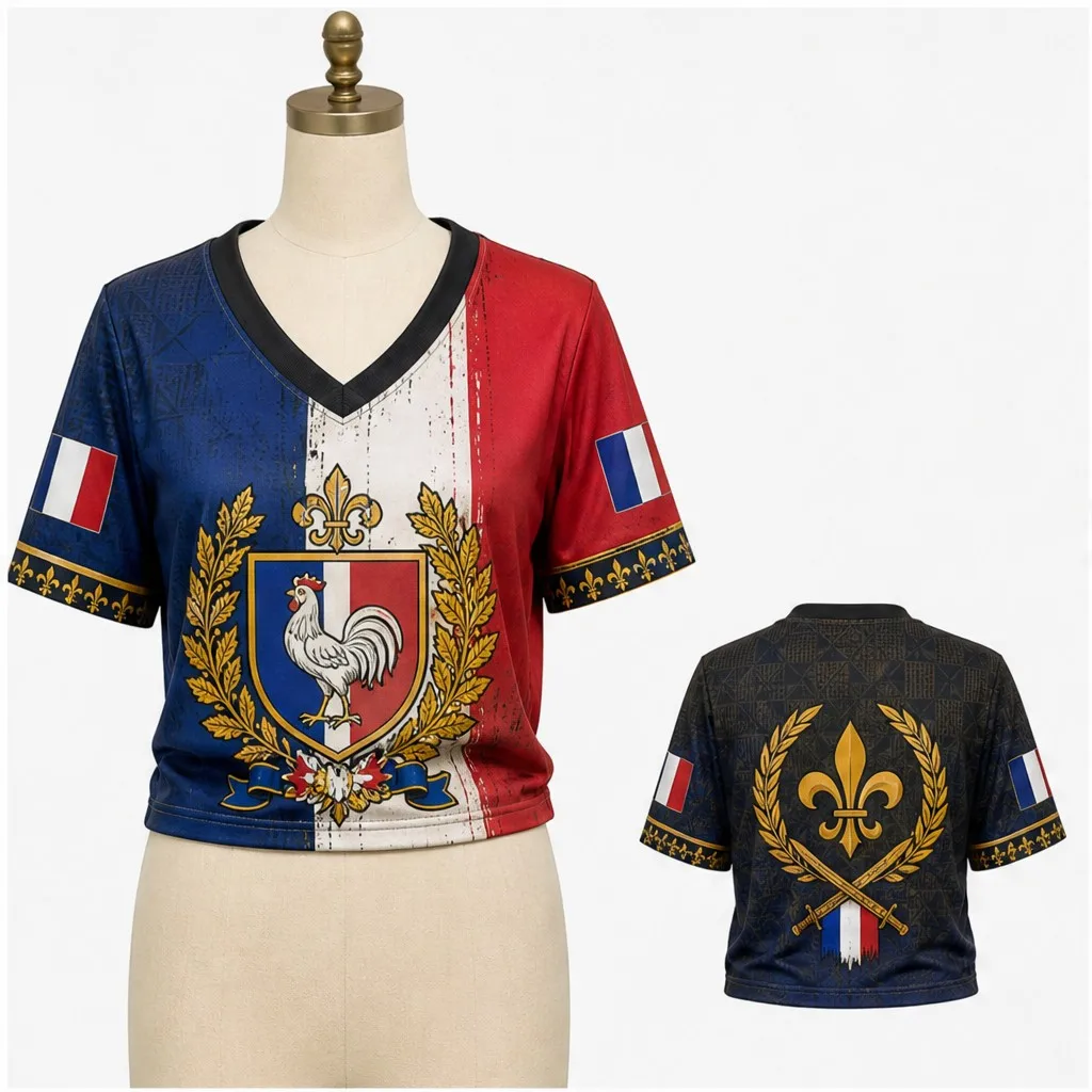 Womens V Neck Crop T Shirt France Rooster Fleur De Lis Crest Graphic Short Sleeve Paris Street Casual Slim Top Outfit Tee Modern