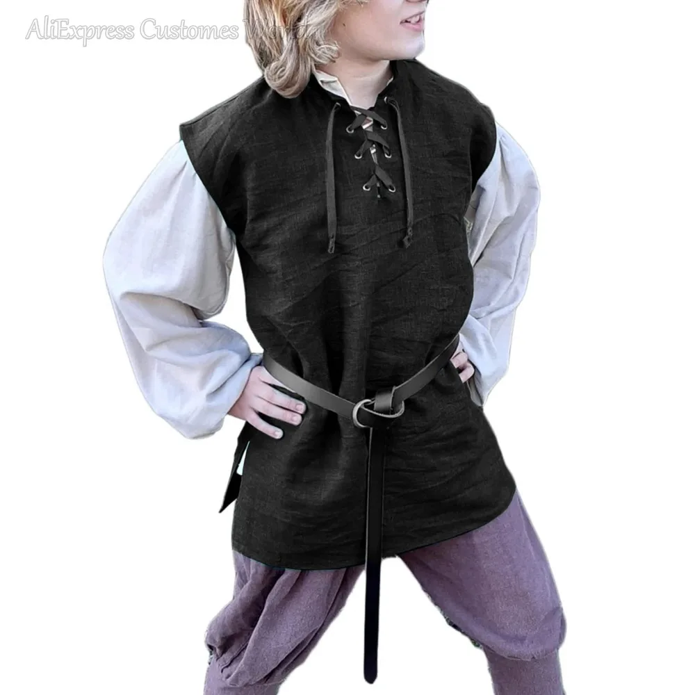 Children Boys Girl Medieval Renaissance Grooms Pirate Tunic Top Larp Costume Lace Up Shirt Middle Age Viking Cosplay Warrior Top