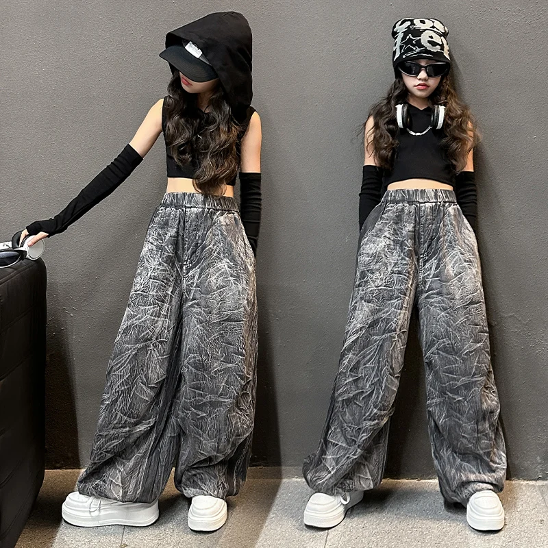 

American teen Girl Hip Hop clothes Set tie-dyed fold Haren pants+cotton black arm protection hoodie 2pcs junior kid suit outfits