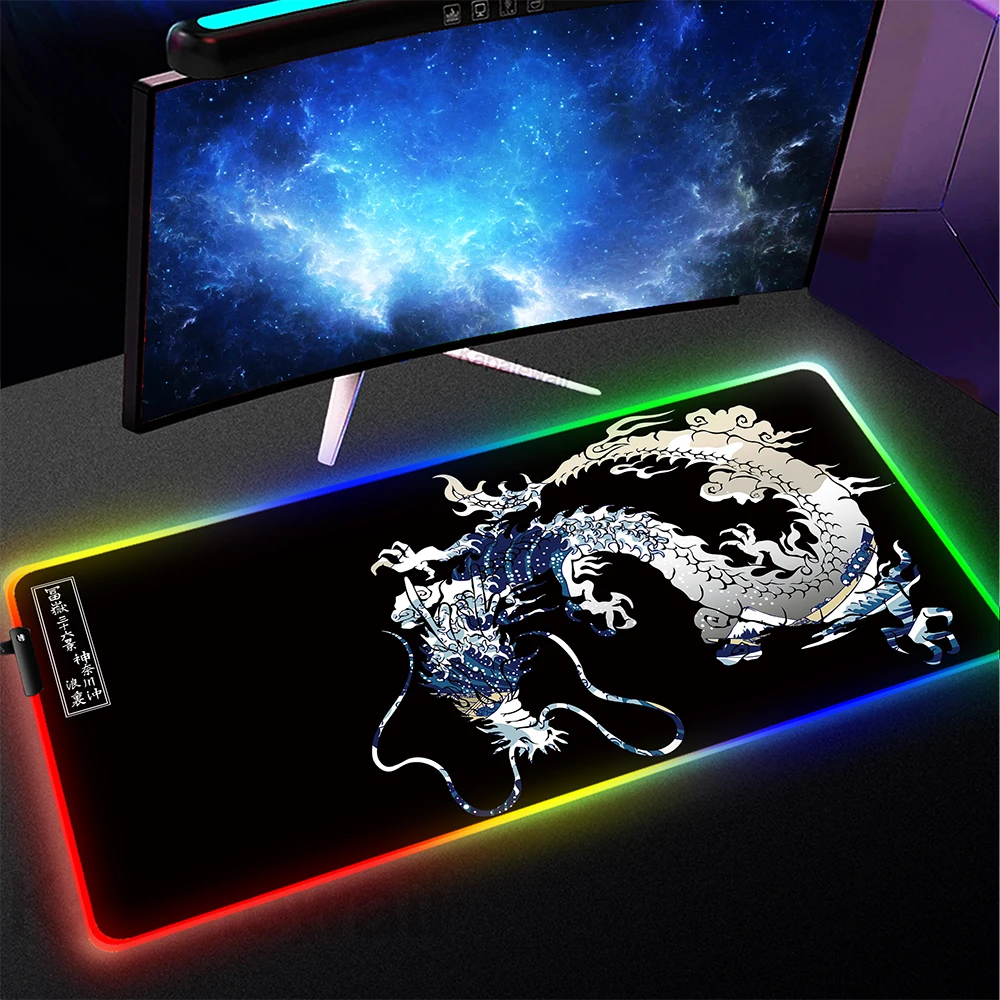 Alfombrilla de ratón para juegos XXL, alfombrilla de ratón grande luminosa para juegos, LED japonés, Dragon RGB, alfombrilla de escritorio retroiluminada para teclado