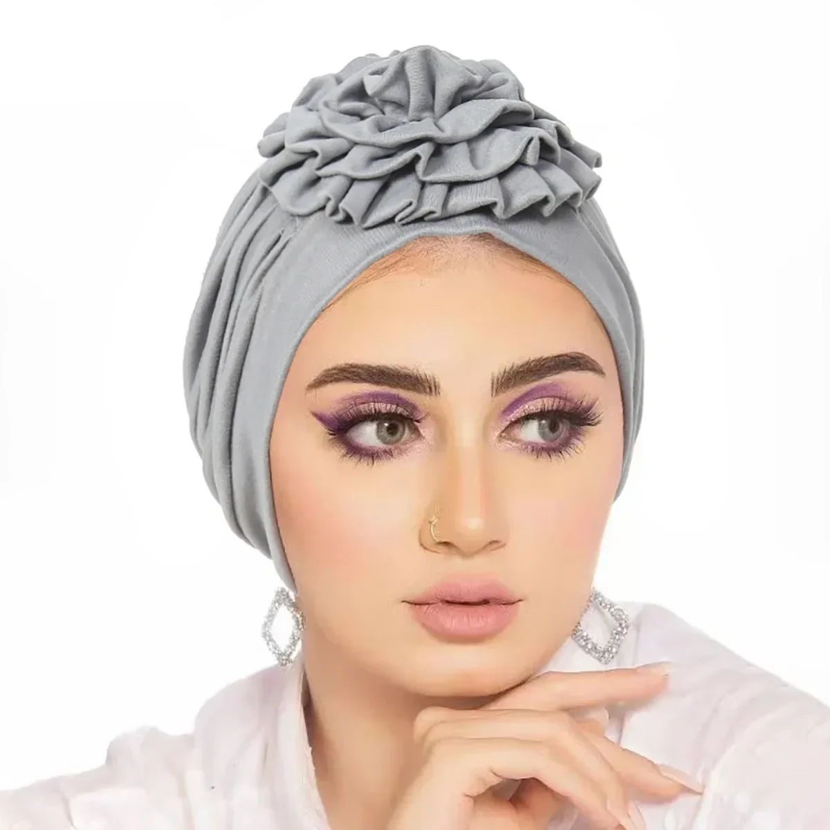 Trendy Crinkle Women\'s Hijab Solid Color Muslim Ladies Turban Bonnet Flower Decor Ramadan Head Wrap Head Scarf Indian Hat Mujer