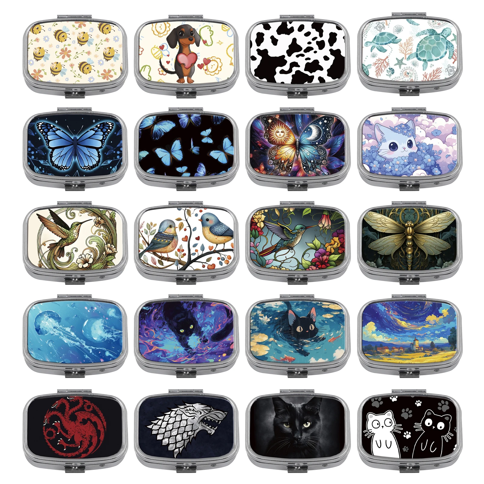 Pastillero de gatos bonitos, pastillero cuadrado de Metal dividido con animales, tigres y pájaros, estuche de medicina portátil de viaje, pastillero pequeño