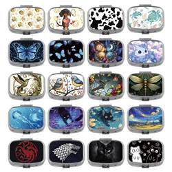 Cute Cats Pill Box Divided Metal Square Animals Tiger Birds Pill Box Travel Portable Medicine Case Small Pill Container Case Box