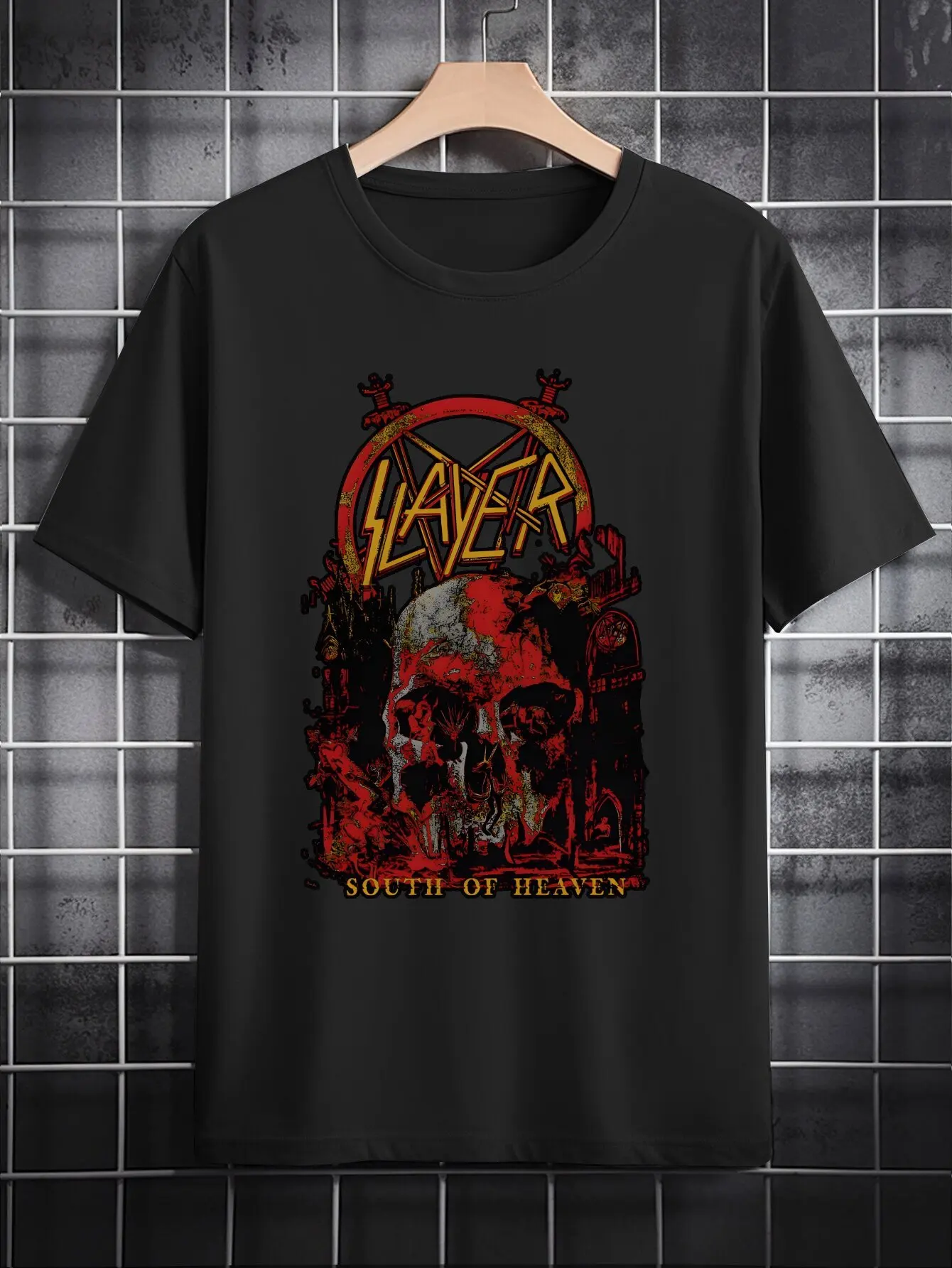 

Mens Black Graphic T-Shirt Retro Skull Flames Design with Bold Lettering Short Sleeve Round Neck Casual Summer Tee