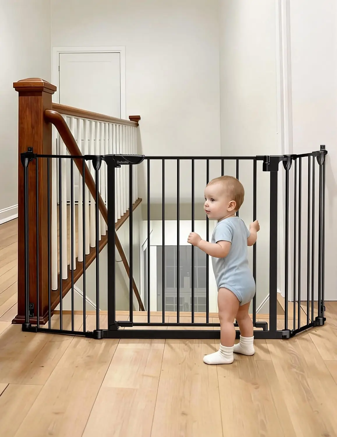 72 Extra Wide Baby Gate 3 Metal Panels Hardware Mounted Dog Fence Stairs Kitchen Doorways Fireplace Foldable Auto Close Black
