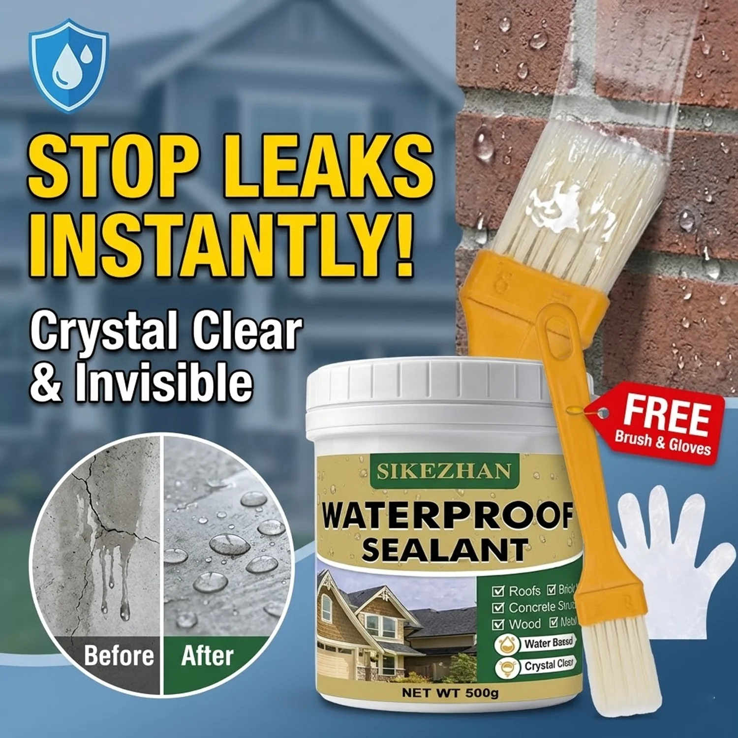 

Transparent Waterproof Sealant Clear Invisible Leak Repair Coating for Roof Wall Bathroom Kitchen Water-Based Agent Brush Gloves