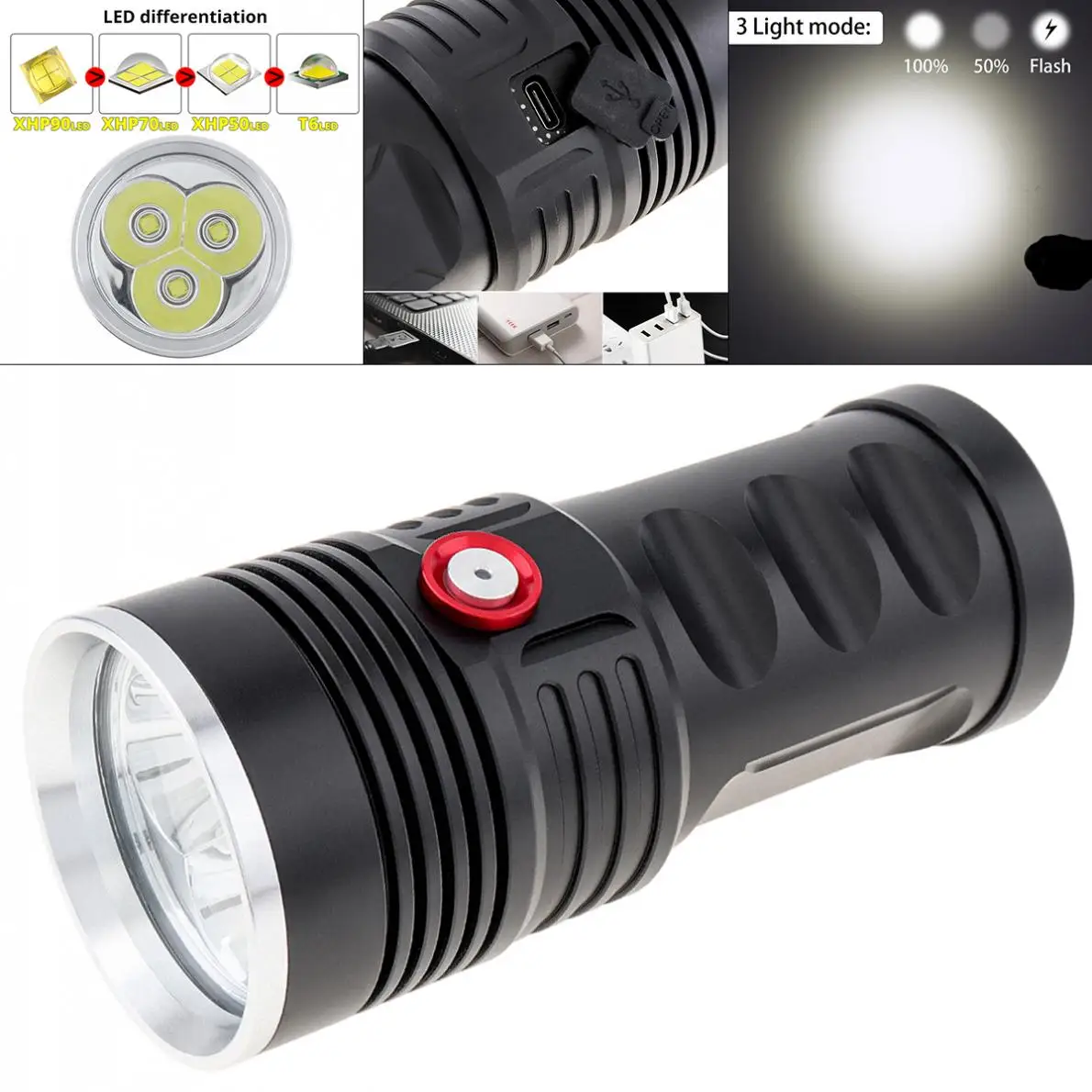 Pop 6000LM 3 XH-P50 Super Bright Ultra Powerful LED Searchlight Flashlight With USB TypeC Charging Use Rechargeable Battery New
