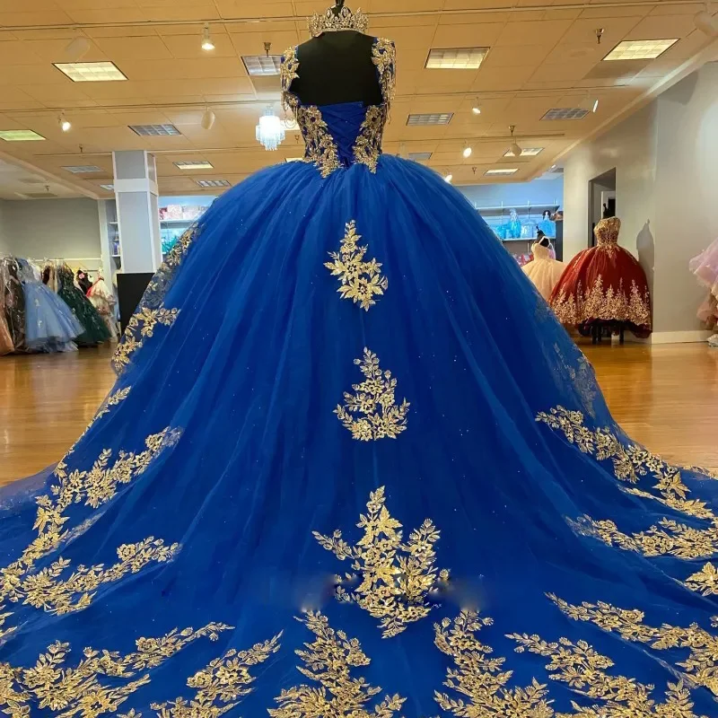 Customized Luxury Blue Quinceanera Dresses V Neck Gold Lace Applique Beading Sweet 15 16 Party Prom Dress Vestido De xv Anos