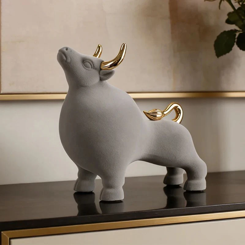 Creative Flocking Bull Statue Desk Decoration Handicrafts Ornaments Animal Resins Bull Sculpture Modern Room Aesthetic Decor