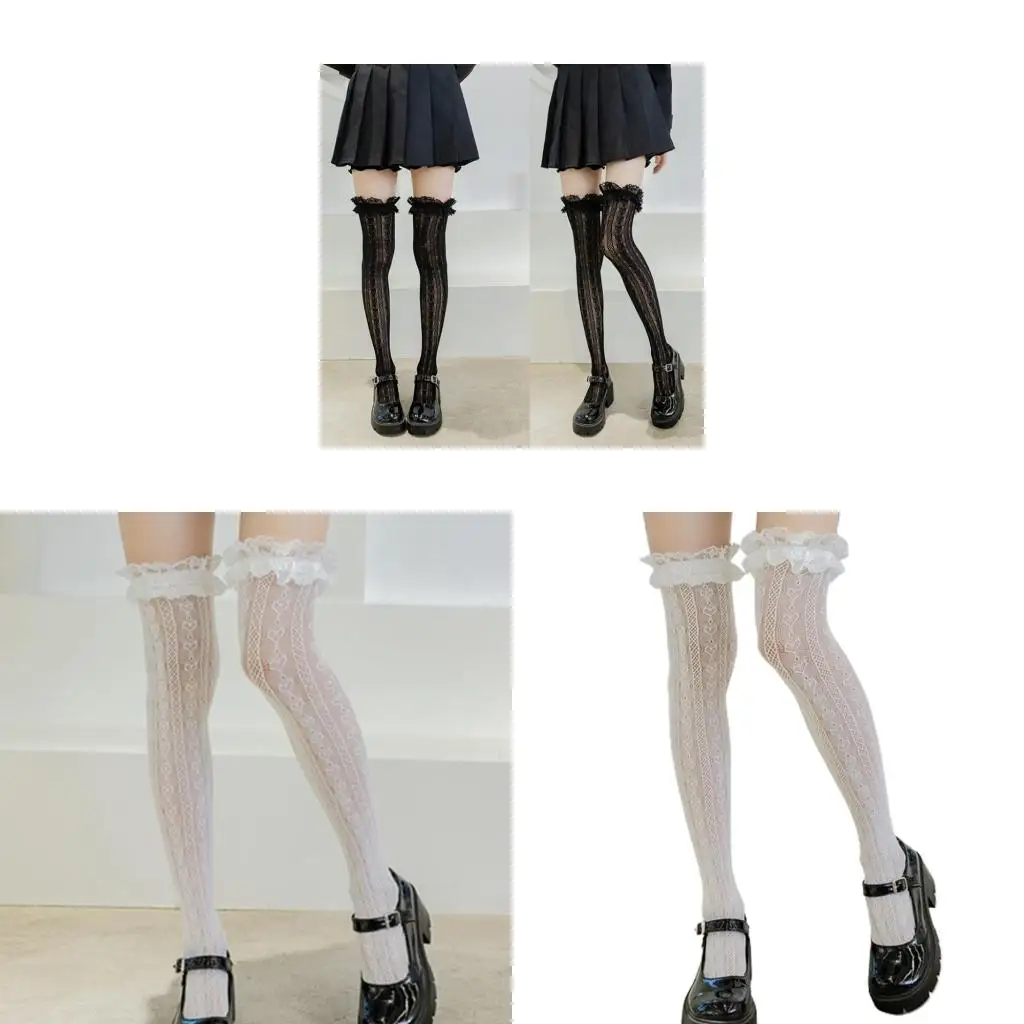 

Thigh High Socks Heart Striped Lace Ruffled Over Knee Stockings