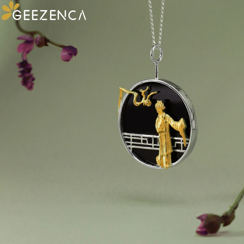 GEEZENCA 925 Silver Black Agate Chinese Classic Opera Figure Necklace Pendant For Women Vintage Pendants Without Chain 2023 New