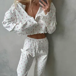 Pijama feminino de malha floral estampado, conjunto de calças de manga comprida, pijamas com botão baixo, roupa de dormir, verão, novo