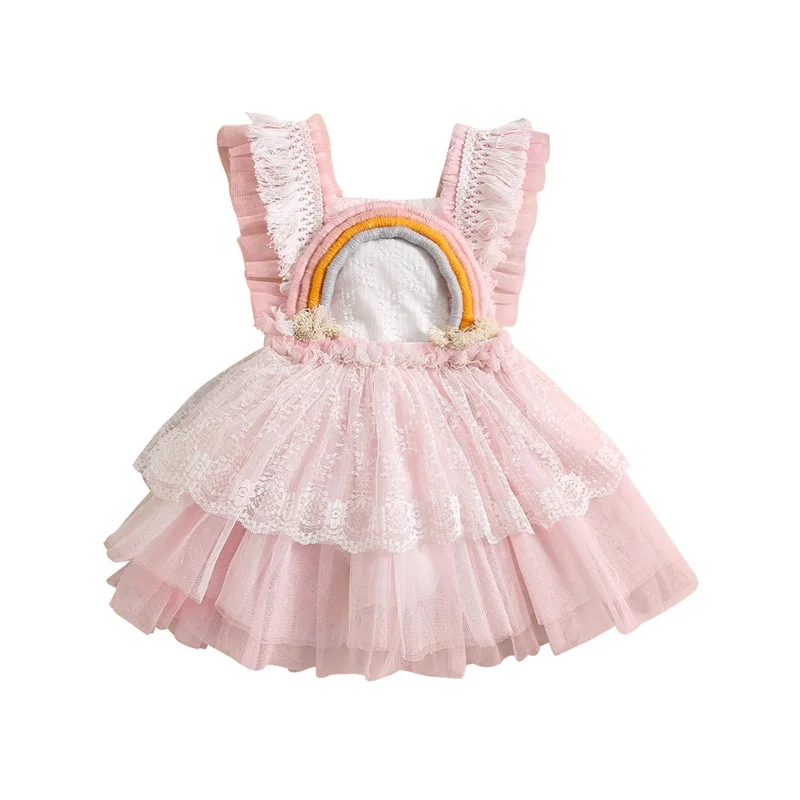 Newborn Baby Girl Clothes Sleeveless Square Neck Rainbow Patch Frill Princess Layered Mesh Romper Dress