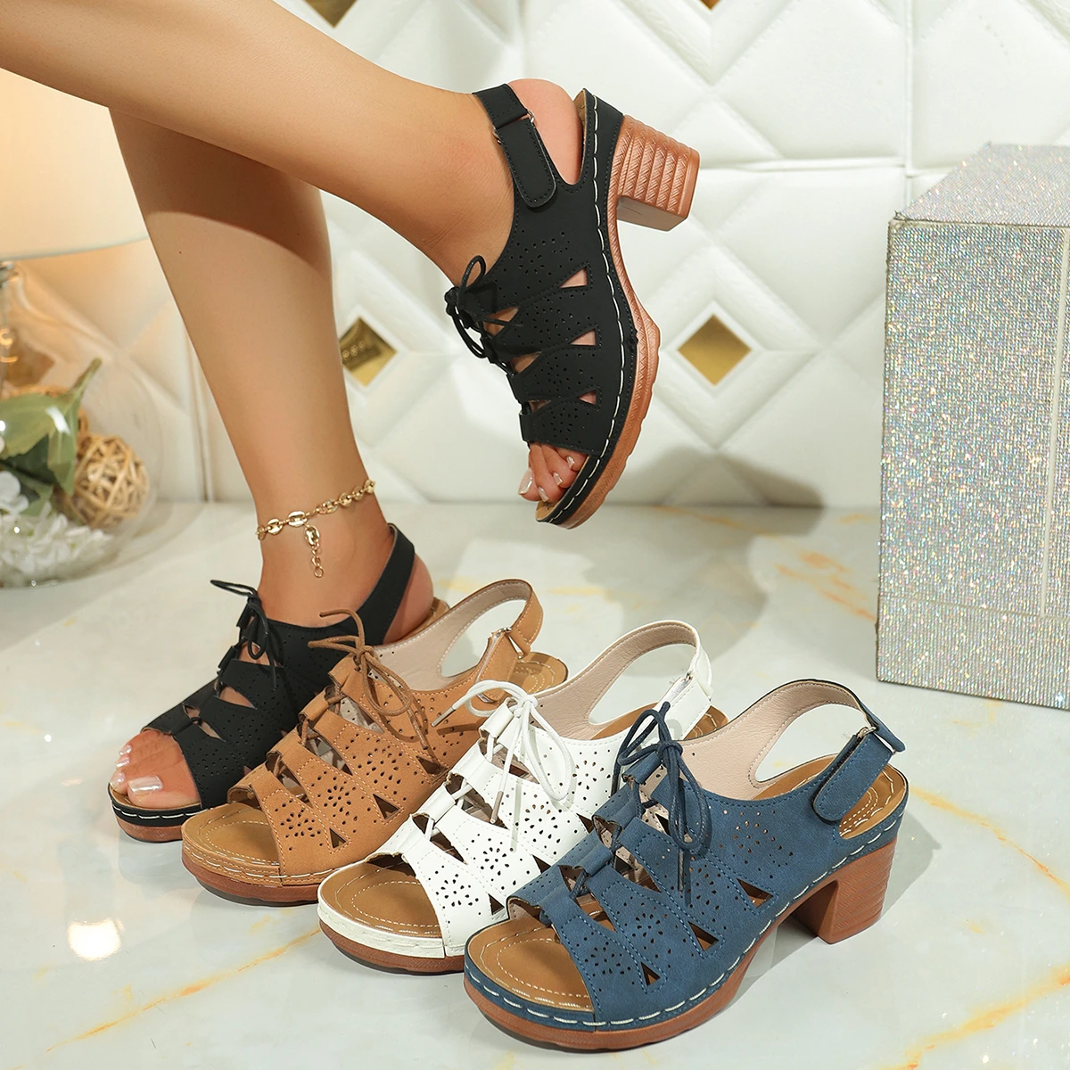 

Women High Heels Sandals Comfortable Roman Style Sandals Platform Heel Round Head Strap Rubber Bottom Shoes for Women Summer