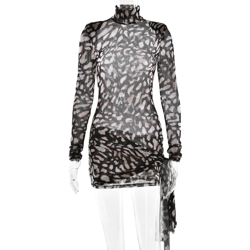 Leopardenmuster, durchsichtig, Netzstoff, Schnürband, figurbetontes Minikleid für Damen, 2025, Herbst, Rollkragen, lange Ärmel, schlanke Nachtclubwear