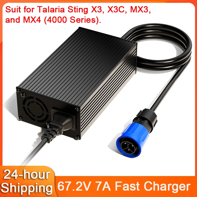 

67.2V 7A Fast Battery Charger for Talaria Sting X3/X3C/MX3/MX4 (4000 Series) Weatherproof 3-Prong Power Adapter with Cooling Fan