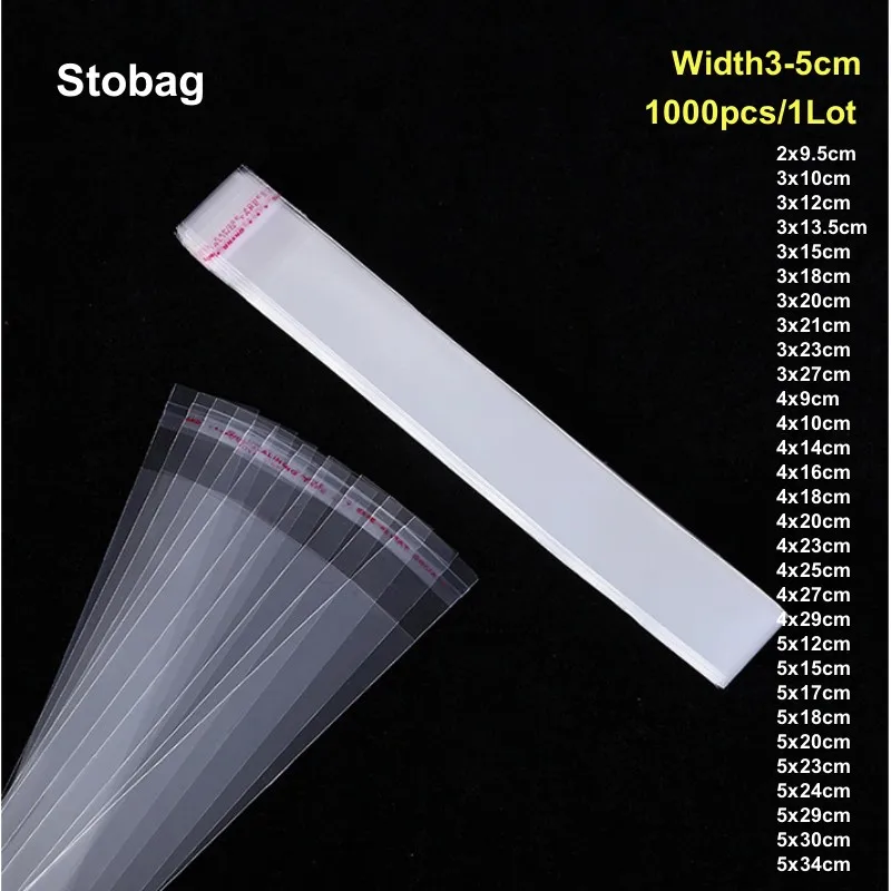 StoBag 1000pcs Wholesale Cellophane Self-adhesive Bag Transparent Long Sealed Jewelry Pen Gift Packaging Plastic Clear Pouches