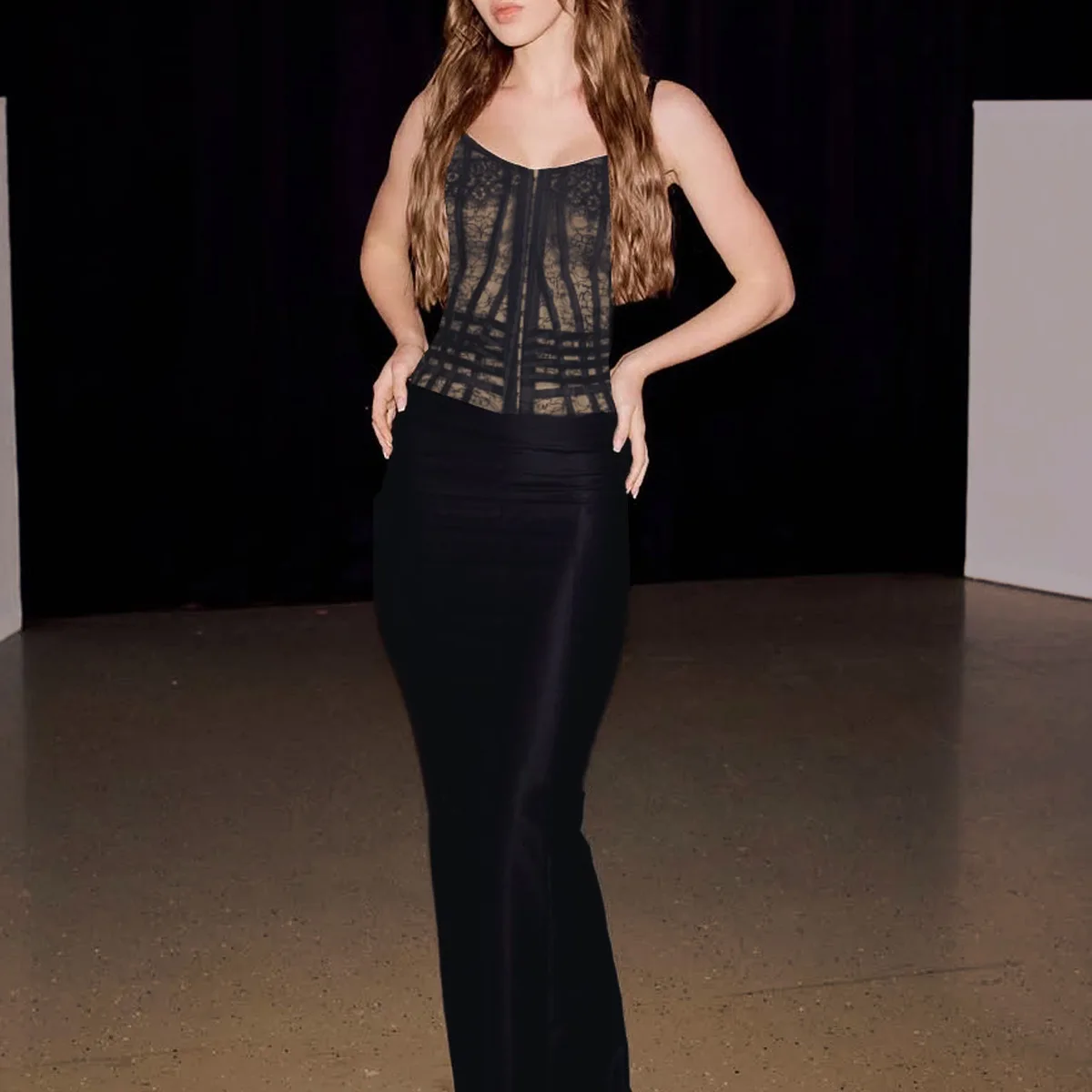 Sexy Lace Harness Underwear Lingerie Set Ladies Zip Front Corset Crop Top High Waist Flowy Maxi Skirt and Thong Sleep Suit