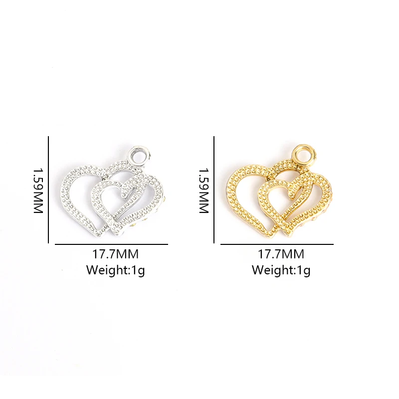 Dijes de Metal de doble corazón para parejas, pulseras, collares, accesorios hechos a mano, Color dorado y plateado, 10 piezas