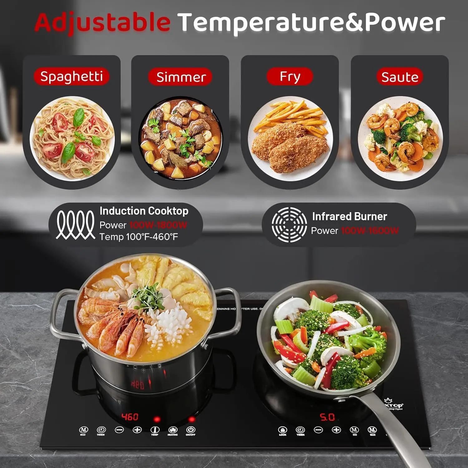 Burner, Built-In Induction Burners, Double Induction and Infrared Cooktop, Electric Hot Plate for Cooking, Electric Stove with S