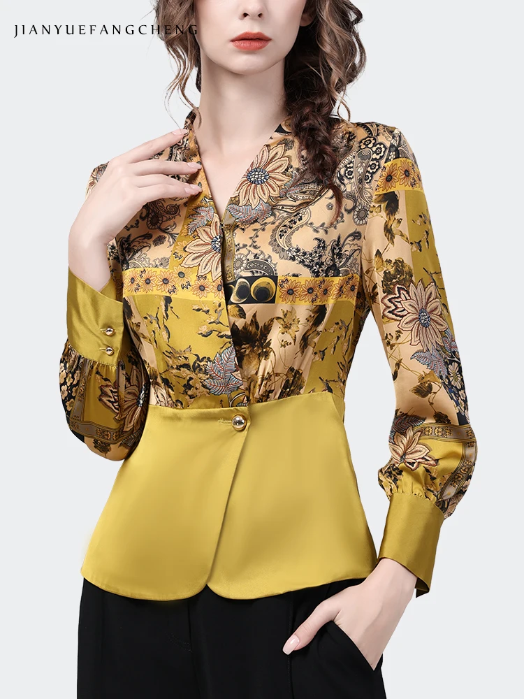 Gorgeous Yellow Satin Printing Blouse Women 2022 Autumn New Long Sleeve V-Neck Single-Button Shirt Elegant Slim Ladies Work Tops