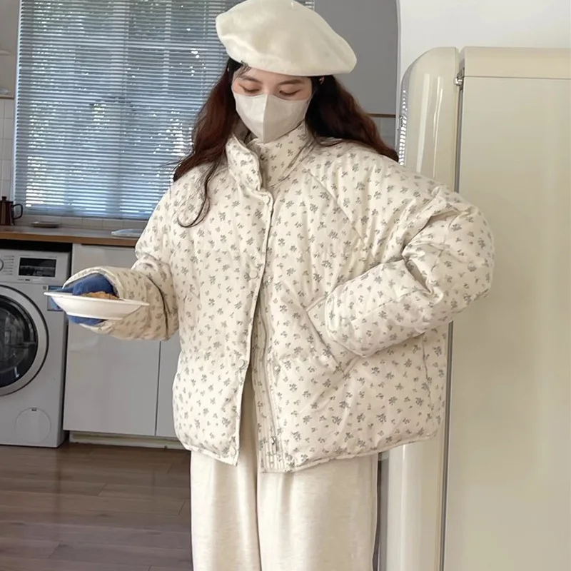 Cappotti trapuntati a maniche lunghe con colletto alla coreana semplice allentato quotidiano stampato casual alla moda da donna Abbigliamento invernale femminile Parka Top