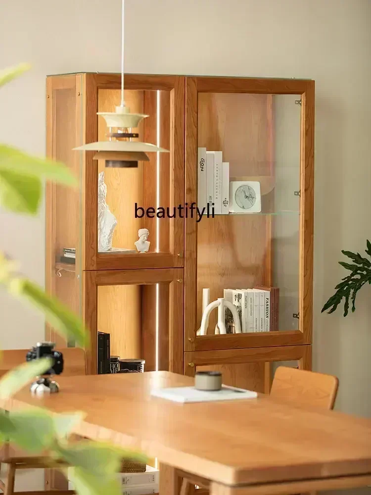 Modern Minimalist Solid Wood Glass Combination Display Cabinet Showcase Study Bookcase