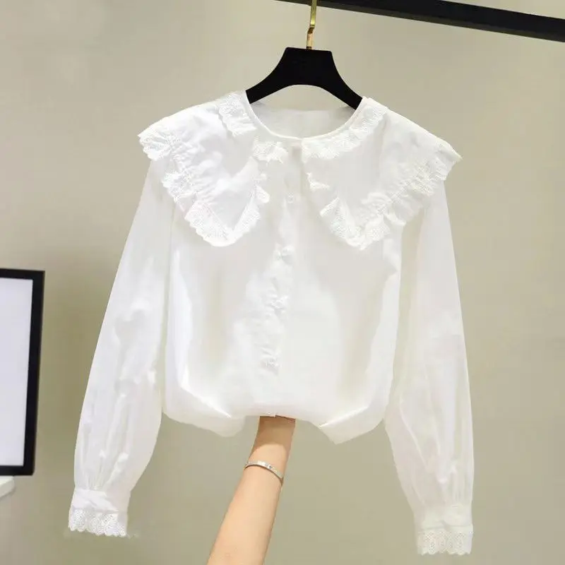 Girl's White Spring Autumn Shirt 2026 New Korean Style Stylish Long Sleeve Lace Ruffle Collar Base Layer Top for Kids