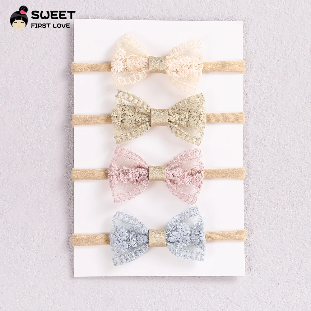 4Pcs/Set Lace Bows Baby Girl Hair Bands New Kawaii Soft Nylon Elastic Headband Kids Headwear Newborn Baby Hair Accessories