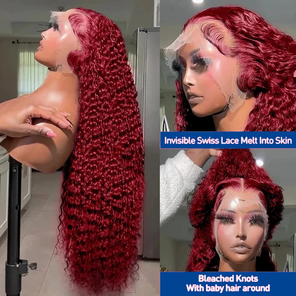 13x4 Deep Curly Lace Frontal Wig 99J Burgundy Deep Wave Lace Front Human Hair Wigs Red Colored Wigs Human Hair Brazilian Hair