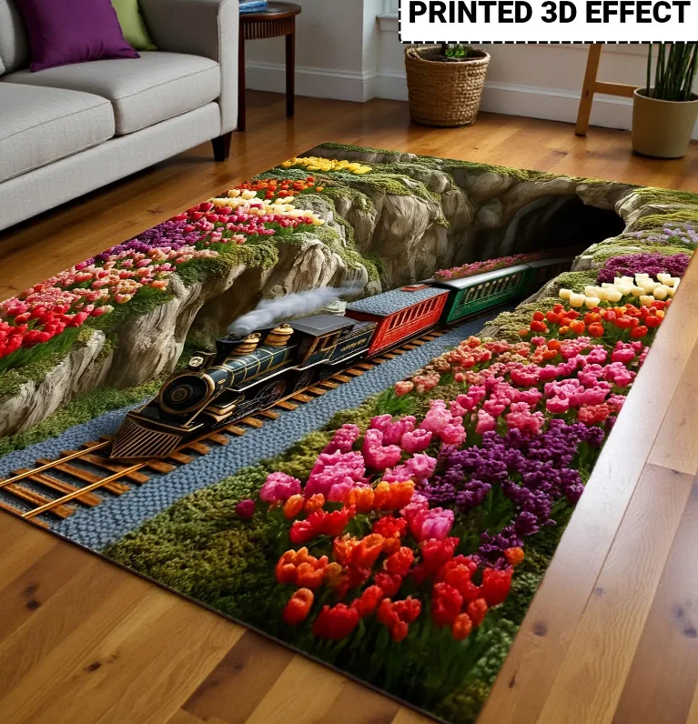 3D Optical Illusion Train Carpet, Printed Landscape Area Rug, Unique Gift for Train Lovers Railway Floor Mat, Colorful Flower
