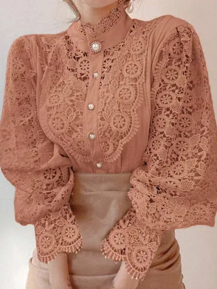 Novo outono feminino gola alta camisa de manga longa elegante renda casual cardigan blusa tamanho grande quatro estações 12419