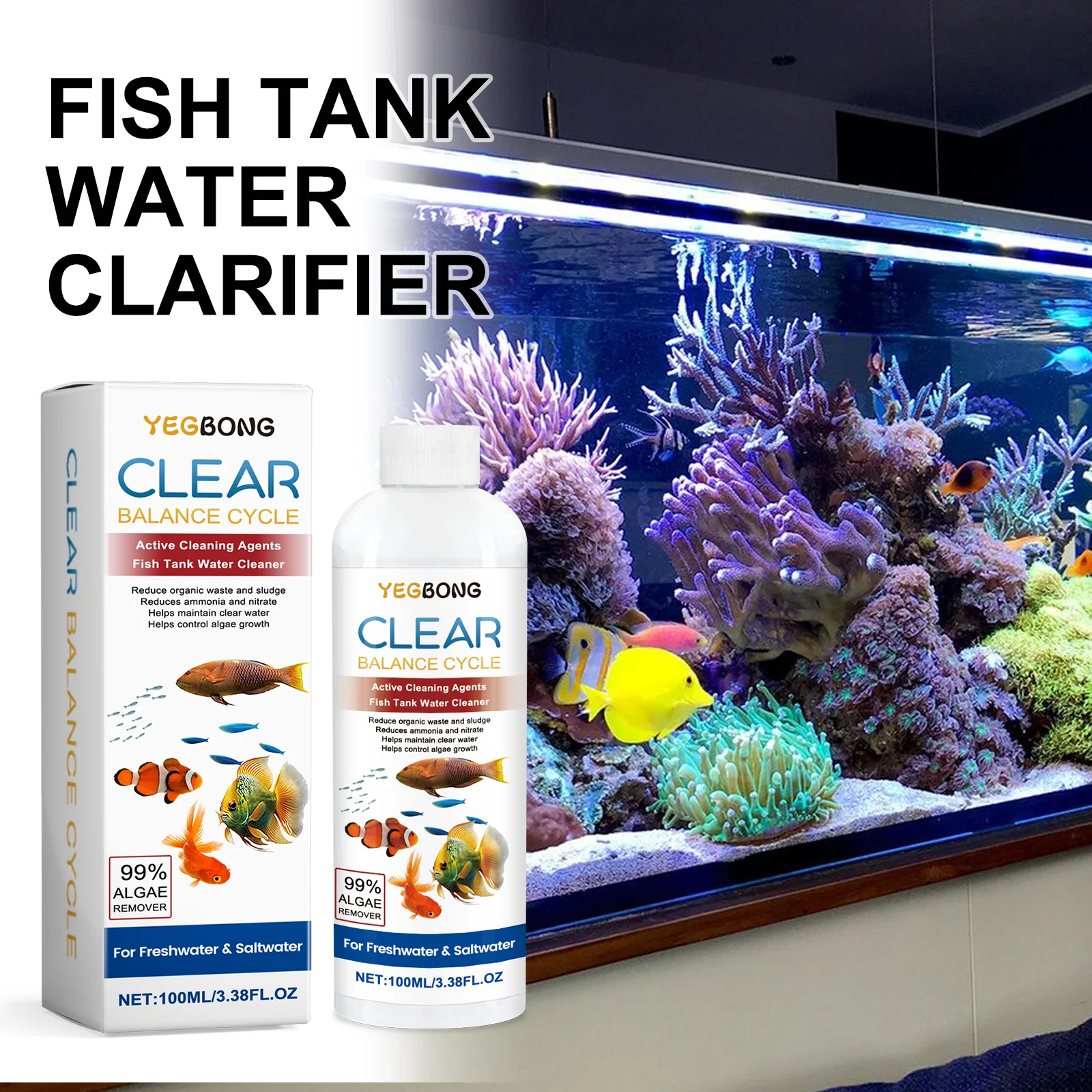 حوض السمك المياه توضيح 100 مللي المياه العذبة المياه المالحة خزان الأسماك الأنظف إزالة الحمأة النفايات والتحكم في نمو الطحالب سريع المفعول