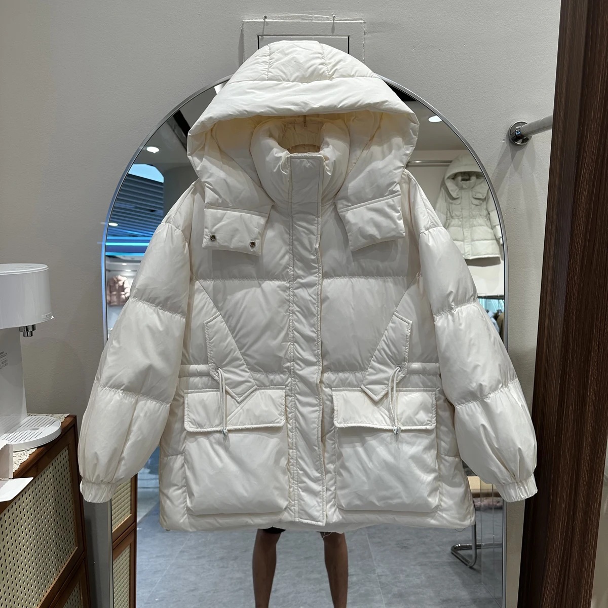 

Autumn Winter 2023 New Down Jacket Women's Hooded Loose White Duck Down Bread Korean Fashion Long Sleeve Warm Thick Coat L287