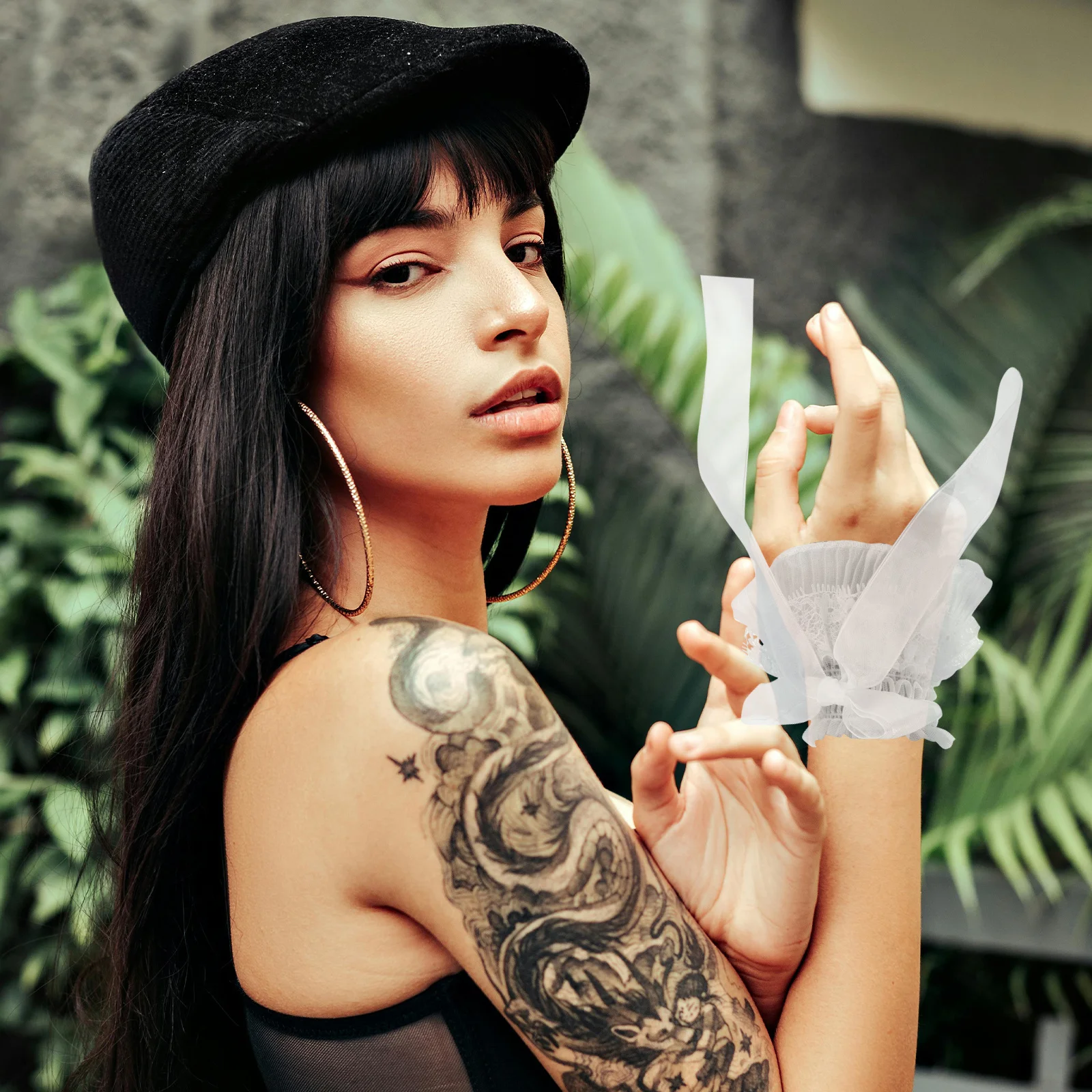 1 par de muñequeras de encaje con volantes, guantes sin dedos florales para mujer, mangas de mano elásticas transparentes, accesorio para fiesta de boda desmontable