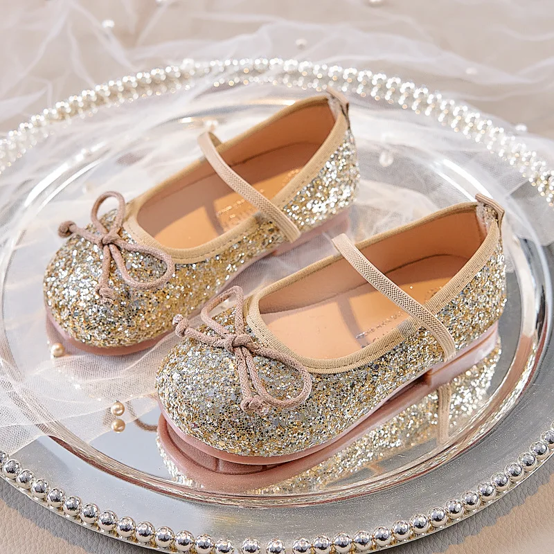 Silver Gold Purple Girls Shoes Princess Leather Shoes For Wedding Party Birthday Dress Shoes 2-9T Kids Sequin Flat Shoes Red