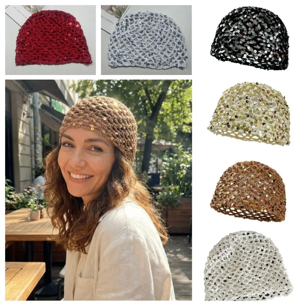 Hollow Knit Hollowed Out Beanie Hat Sequined Breathable Crochet Sequined Hat Korean Style Fringed Woven Pullover Cap Seaside