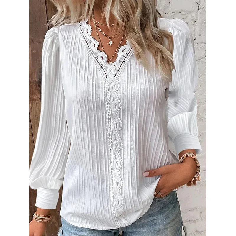 

Women's lace stitched shirt, loose V-neck long sleeved pullover, chiffon shirt, autumn top, simple and elegant street shirt