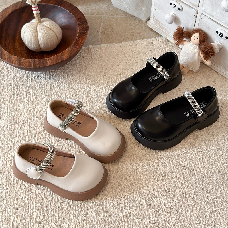 Children Platform Leather Shoes Chic Rhinestone Girls Princess Party Shoes School Perform Non-slip Kids Dress Mary Jane Shoes