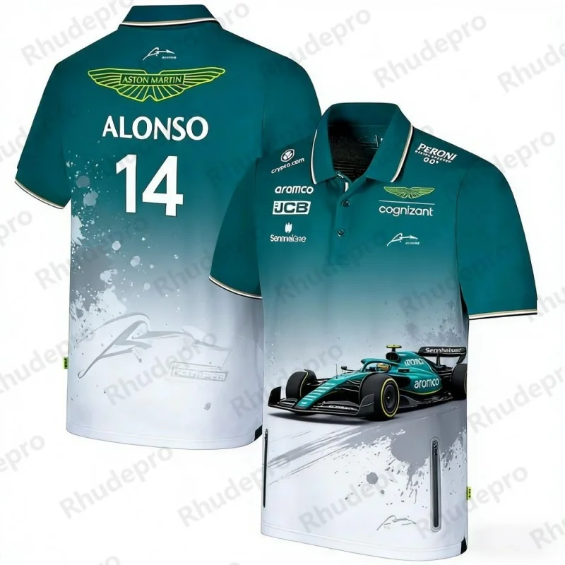 アストンマーティン-f1-アロンソ-14-レーシングテーマ-半袖ポロシャツ-快適なスポーツウェア-ファン向け