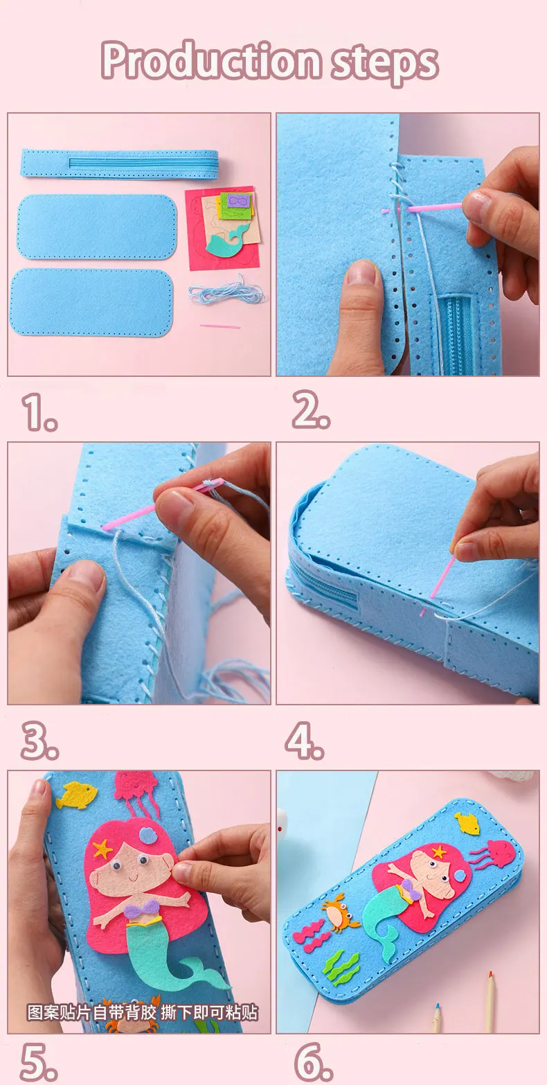 Nähen für Kinder, Schreibwaren-Tasche, handgefertigte Material-Sets, niedlicher Cartoon-Vliesstoff, Schnürung, Federmäppchen, Basteln für Kinder, Kleinkinder – Detail 8