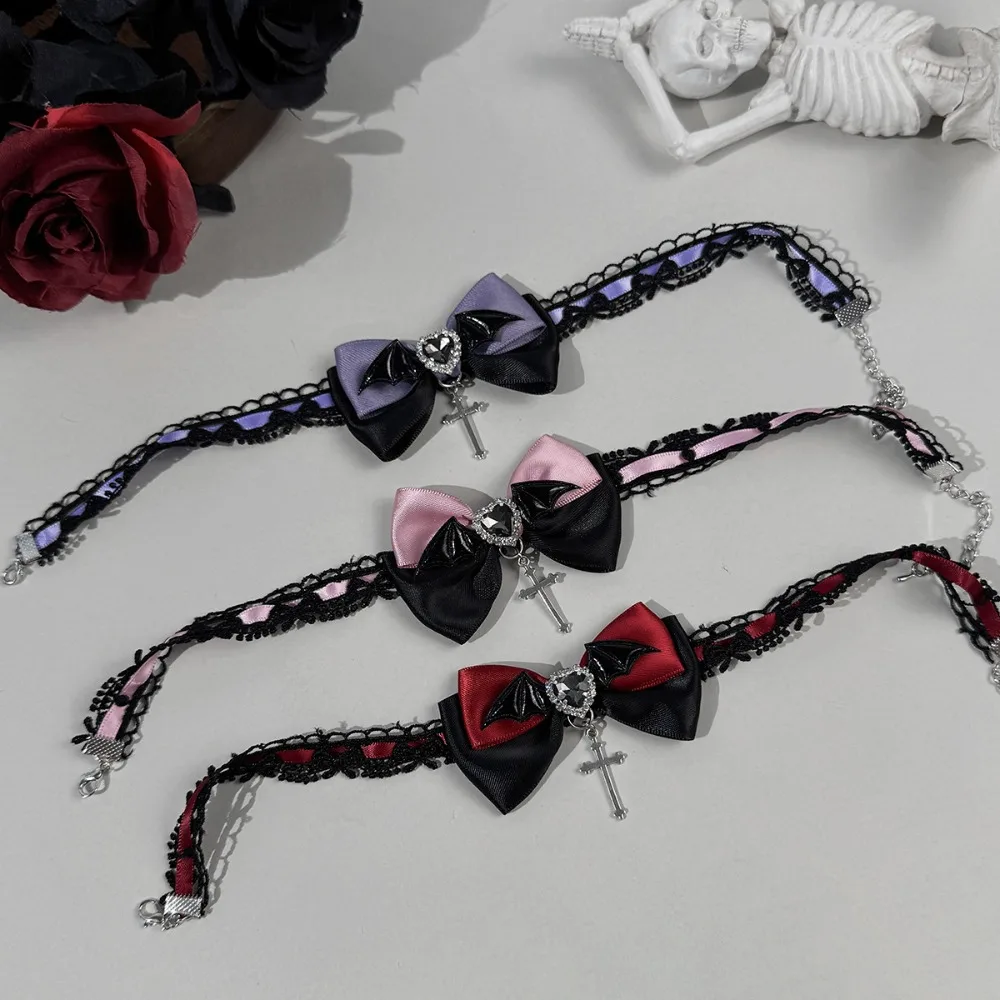 Sweet Cool Heart Cross Wings Collar Choker Necklace Purple Bow Gothic Niche Collarbone Chain for girls  Y2K Jewelry for Women
