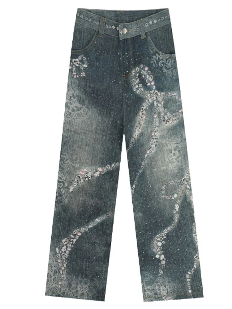 

Vintage Rhinestone Butterfly Women Jeans Washed Harajuku Wide Leg American Style Baggy Denim Pants Gyaru Hip Hop