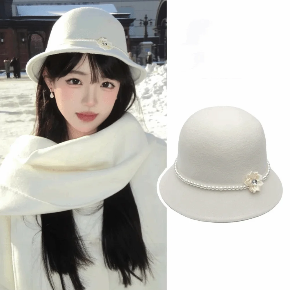 

Simple Pearl Flower Topper Hat French Style Solid Color Fisherman Hat Hepburn Warm Woolen Bucket Hat Girl