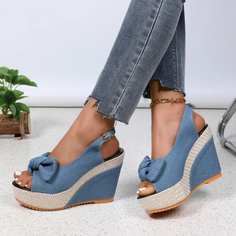 Damski pasek na kostkę Peep Toe Denim sandały na koturnie Zapatos De Mujer koturdy sandały gruba podeszwa sandały sandały na wysokim obcasie