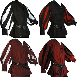 Men's Medieval Warrior Knight Tunic Shirt Belted Lansquenet Larp Pirate Costume Black Lace-Up Top Clothing For Paladin Plus Size