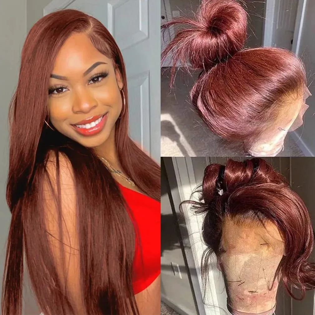 

Reddish Brown Straight Lace Front Wig 13x4 HD Lace Wig Free Part Glueless Pre Plucked Synthetic for Fashion Women Daily Cosplay